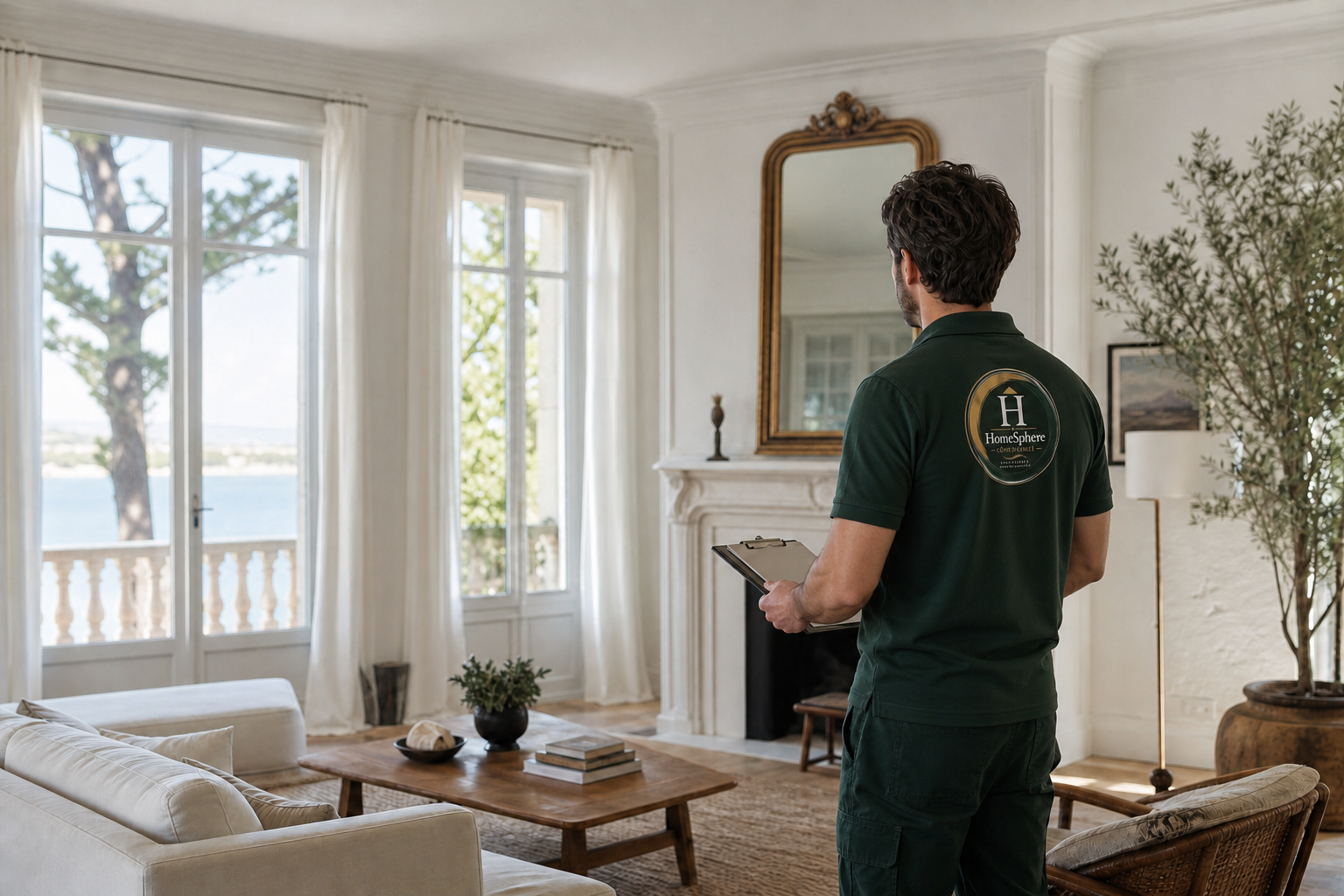 A HomeSphere professional wearing the company logo while carefully inspecting a property